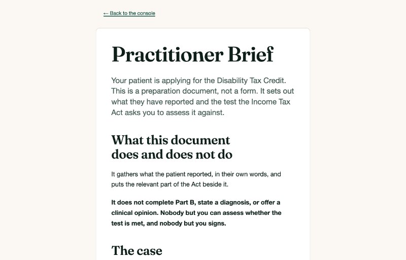 Sample data. The Practitioner Brief: a printable sheet for the practitioner who completes the medical part of the form.