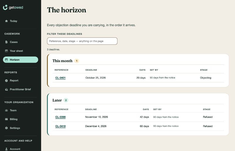 Sample data. The Horizon screen: every objection deadline the team is carrying, this month and later, each with its date and the days left.