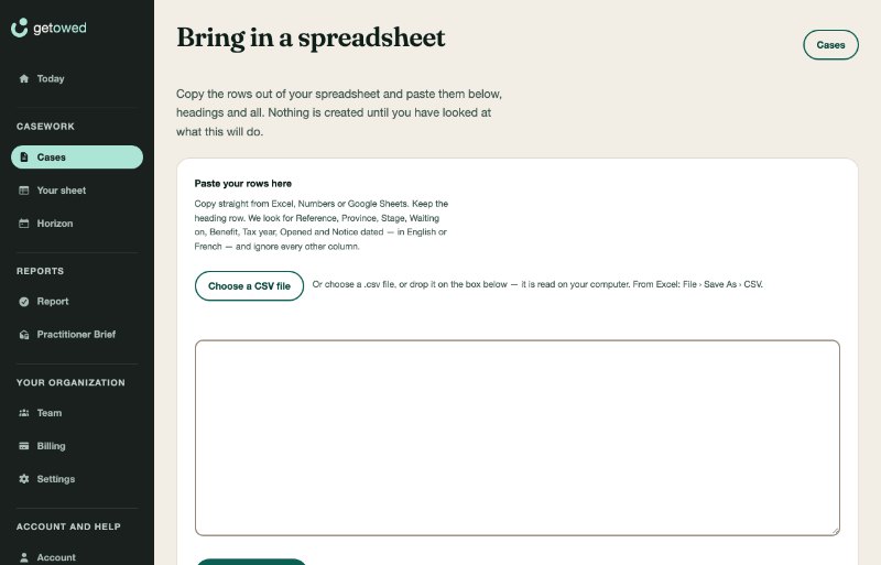 Sample data. Bringing in a spreadsheet: paste rows or open a CSV file, then check a preview before anything is created.